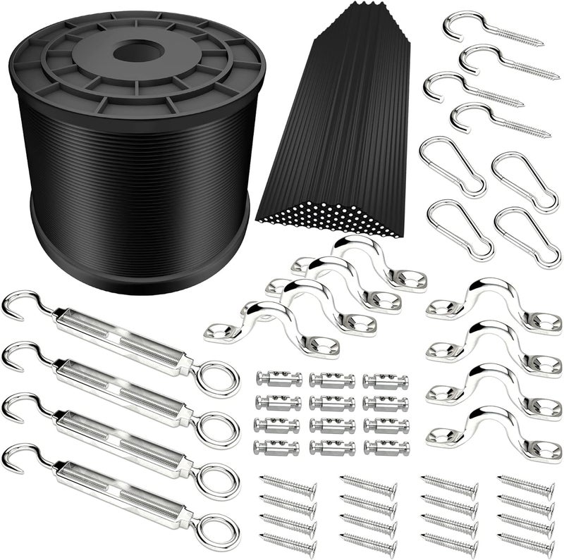 YQL Outdoor String Lights Hanging Kit,Globe String Lights Suspension Kit,164ft Black Vinyl-Coated 304 Stainless Steel Cable,String Light Guide Wire,Hook & Eye Turnbuckle Wire Rope Tension - Image 1